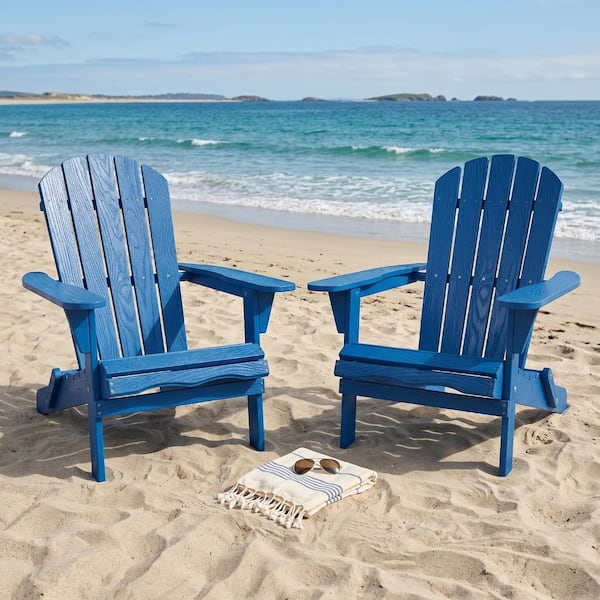 Navy Blue Solid Wood Outdoor Folding Adirondack Chair Set(2-Pack
