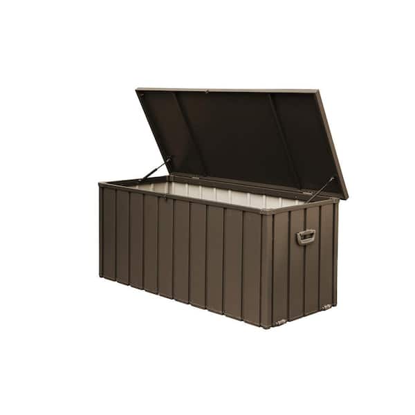 120 Gal. Dark Brown Steel Deck Box, Outdoor Waterproof Large Patio Storage Bin for Cushions, Garden Tools, Lockable