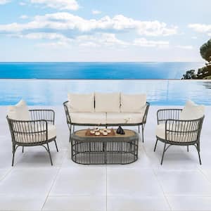 Gray 4-Piece Wicker Patio Conversation Set with Oval Coffee Table and Beige Cushions