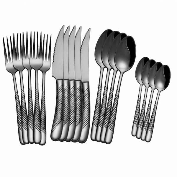 16-Piece Modern Black Hammered 18/10 Stainless Steel Flatware Set (Service for 4), Ergonomic Non-Slip Handles