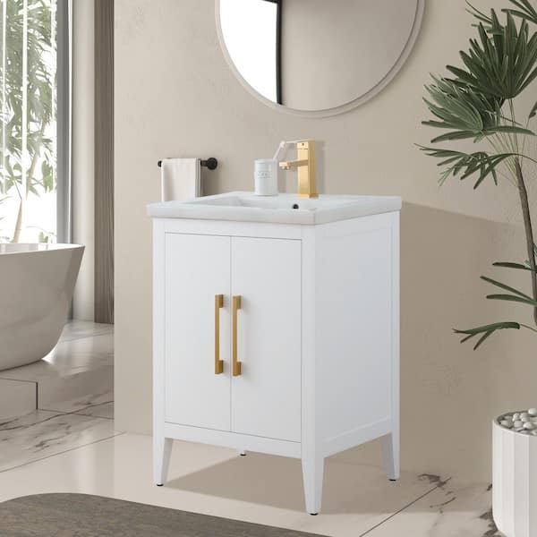 24 in. W x 18.5 in D x 34 in. H Single Sink Bathroom Vanity Cabinet in White with Ceramic Top
