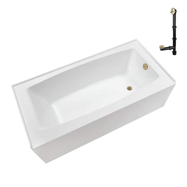 Streamline 66 in. x 32 in. Soaking Acrylic Alcove Bathtub with Right Drain in Glossy White, External Drain in Polished Brass