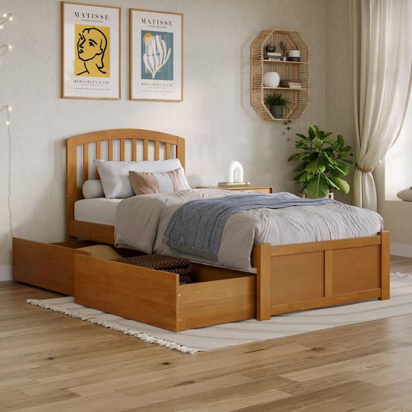 Richmond Light Toffee Natural Bronze Solid Wood Frame Twin XL Platform Bed with Footboard and Storage Drawers