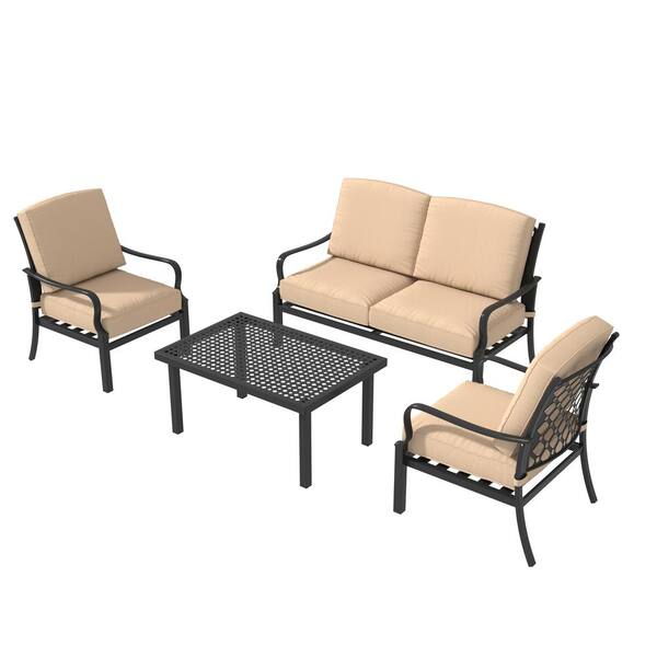 Mondawe Outdoor Black 4-Piece Iron Frame Patio Conversation Seating Set with CushionGuard Putty Beige Cushions for Gazebo