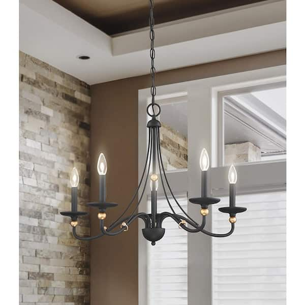 Westchester County 5-Light Sand Black with Skyline Gold Leaf Chandelier