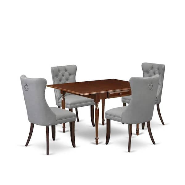 East West Furniture 5-Piece Mahogany Finish Solid Wood Top - Rectangular Upholstered Dining Room Set with Dropleaf - Seats 4
