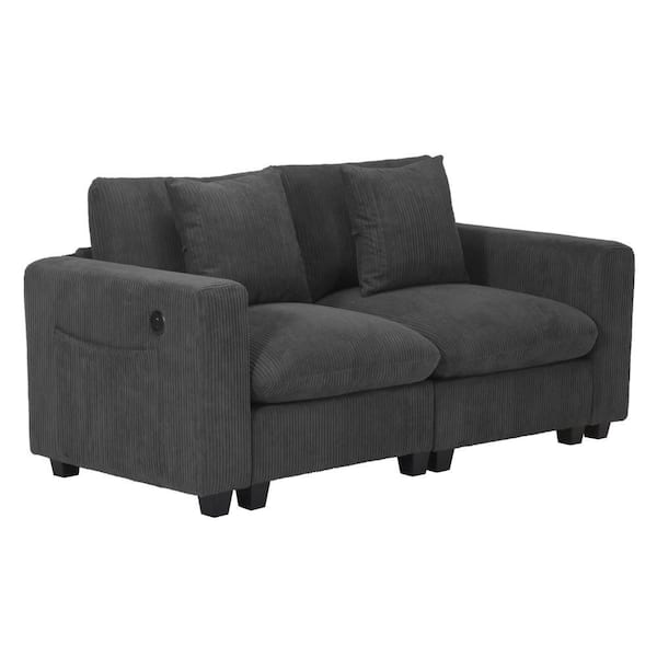 Hamilton Corduroy Upholstered Square Arm Modular Loveseat w/ USB Charger Port, Charcoal Gray
