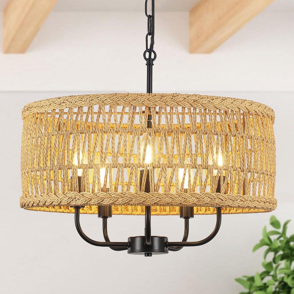 19.68 in. 5-Light Matte Black Bohemian Drum Chandelier with Natural Hand-Woven Rattan Shade price history on PriceWatchPro