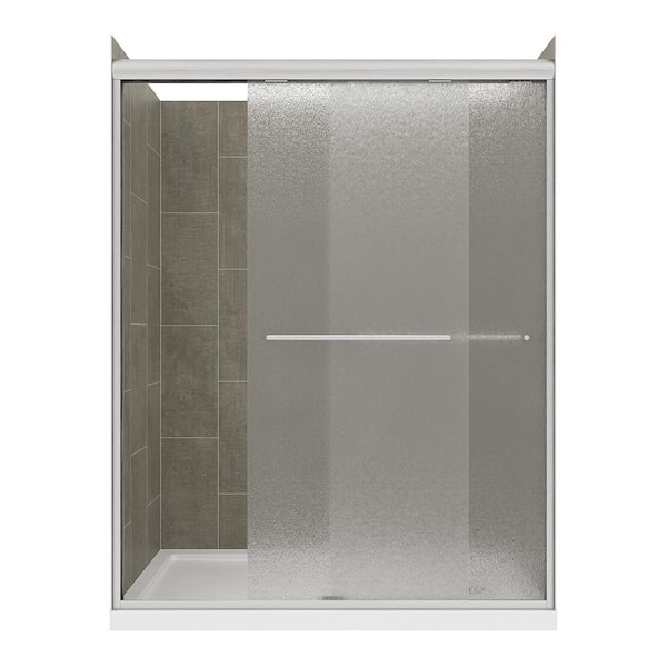 CRAFT + MAIN Cove Sliding 48 in. L x 34 in. W x 78 in. H Center Drain Alcove Shower Stall Kit in Quarry and Brushed Nickel Hardware