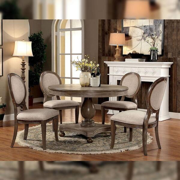 5 Piece Kathryn Rustic Oak Table Set, Rustic Round Dining Table Set