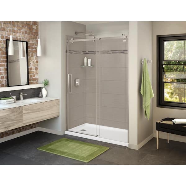 Utile Origin 32 in. x 60 in. x 83.5 in. Left Drain Alcove Shower Kit in Greige with Brushed Nickel Shower Door