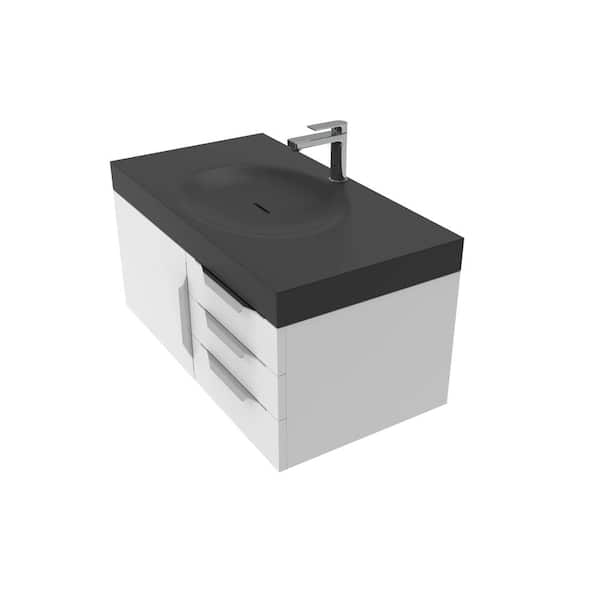 castellousa Thames 36 in. W x 19 in D x 16.25 H Single Floating Bath Vanity in White w Brushed Nickel Trim w Solid Surface Black Top