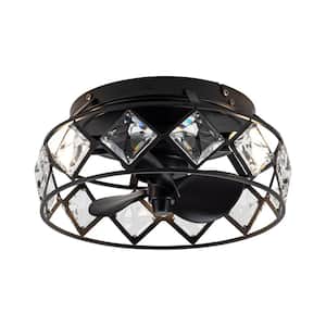 12.2 in. Indoor 3-Light Modern Black Caged Crystal Flush Mount Ceiling Fan with Light and Remote Control