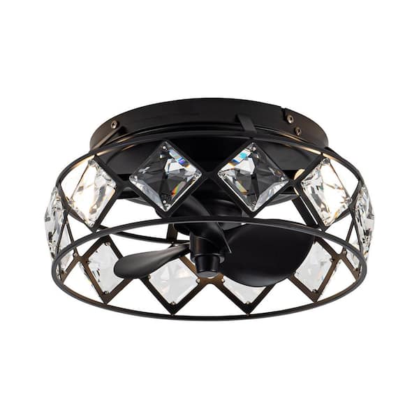 Parrot Uncle 12.2 in. Indoor 3-Light Modern Black Caged Crystal Flush Mount Ceiling Fan with Light and Remote Control