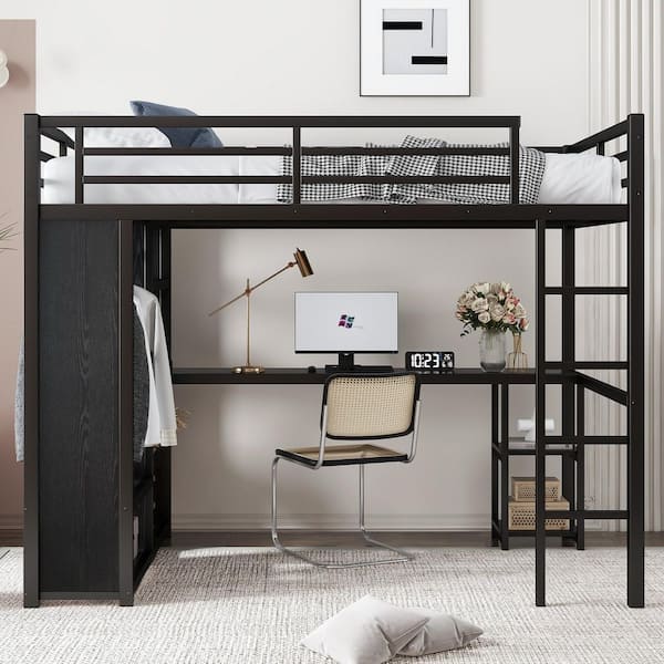 Black Full Loft Bed with Desk and Storage Shelves, Heavy Duty Loft Bed Frame with Wardrobe, Hanging Rod, and Ladder