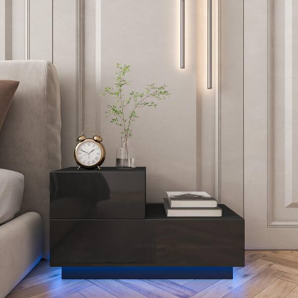 WOODYHOME 2-Drawer LED Black Nightstand 16.1 in. H x 27.6 in WOODYHOME 2-Drawer LED Black Nightstand 16.1 in. H x 27.6 in