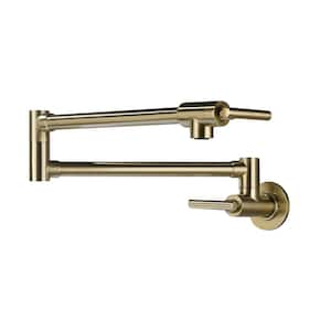 2 Handles Wall Mounted Pot Filler with Swing Arm Folding Faucet in Brushed Gold