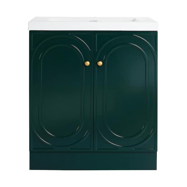 30 in. Single Sink Freestanding Green Bath Vanity with White Resin Top, Adjustable Shelf, 2 Soft-Close Cabinet Doors