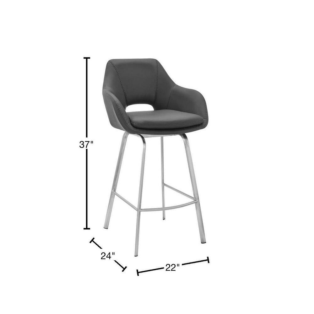 Contemporary 26" Swivel Counter Stool in Gray Leather & Stainless Steel