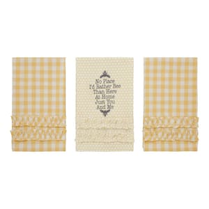 Buzzy Bees Vintage Yellow, Antique White Novelty Ruffled Cotton Kitchen Tea Towel Set (Set of 3)