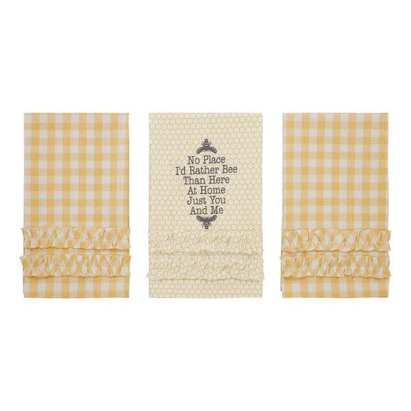 VHC Brands Buzzy Bees Vintage Yellow, Antique White Novelty Ruffled Cotton Kitchen Tea Towel Set (Set of 3)