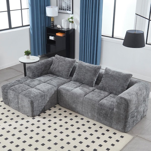 98 in. Square Arm 3-piece L Shaped Chenille Modular Deep Seat Sectional Sofa Couch in Gray with Chaise