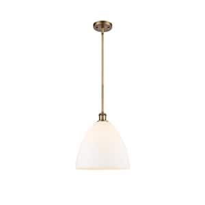 Bristol Glass 1-Light Brushed Brass Cage Pendant Light with Matte White Glass Shade