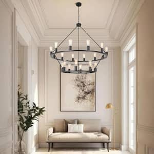 20-Lights Modern/Contemporary Matte Black Wagon Wheel Double-Tiered Dry Rated Chandelier