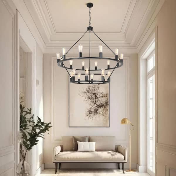 GoYeel 20-Lights Modern/Contemporary Matte Black Wagon Wheel Double-Tiered Dry Rated Chandelier