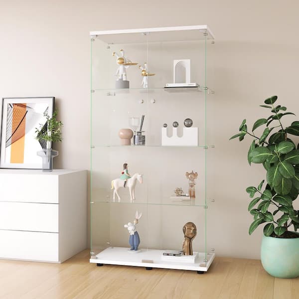 White 65 in. Glass Display Cabinet w/ 4-Shelves, Light and Door Locks,Floor-Standing Curio Bookshelf for Home and Office