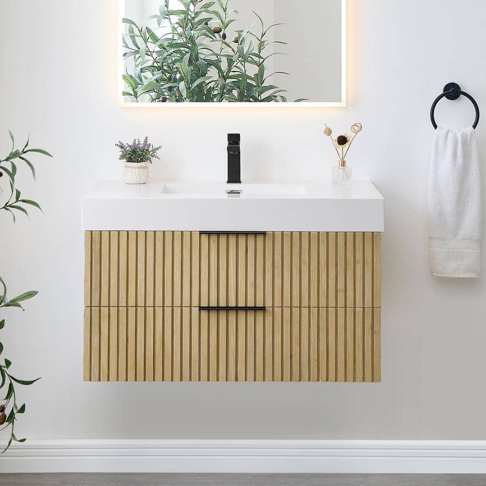 Livia 36" Nature Brown Fir Wood Wall-Mounted Vanity with White Sink