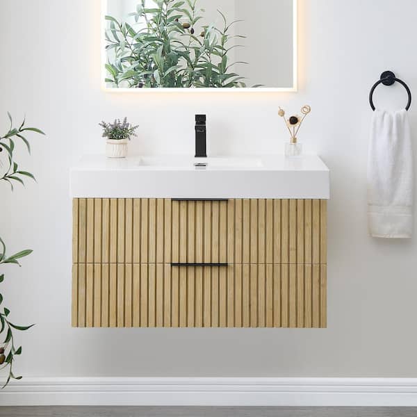 Livia 36 in.W Single Sink Floating Bath Vanity in Nature Brown with White Stone Top