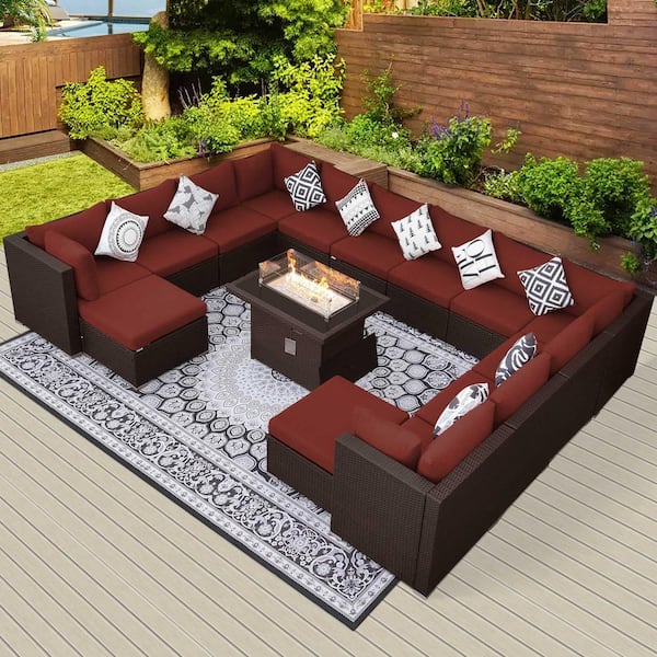 FINCATI 15-Piece Large Size Patio Brown PE Wicker Patio Sofa Set with Red Cushions and 55,000 BTU Fire Pit Table