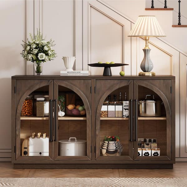Espresso Wood 60 in. Buffet Sideboard Cabinet with Glass Doors and Adjustable Shelves
