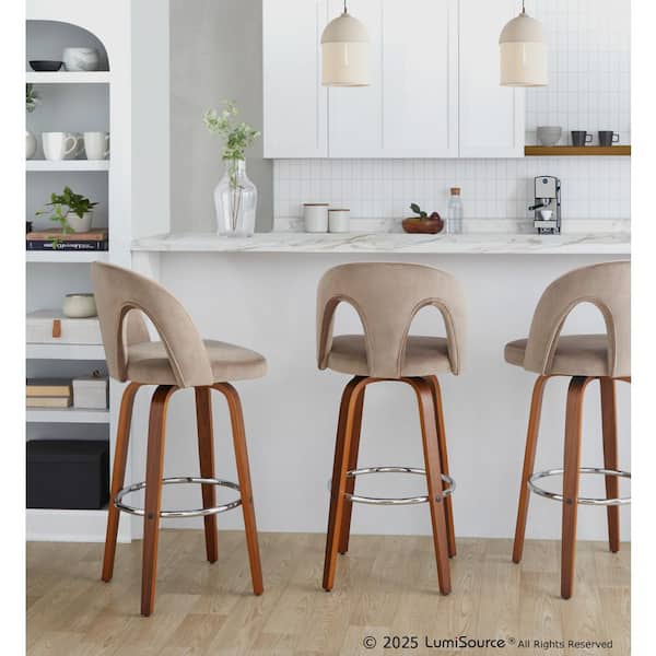 Ava Upholstered 30 in. Fixed-Height Barstool Walnut Wood and Taupe Velvet & Round Chrome Footrest (Set of 2)