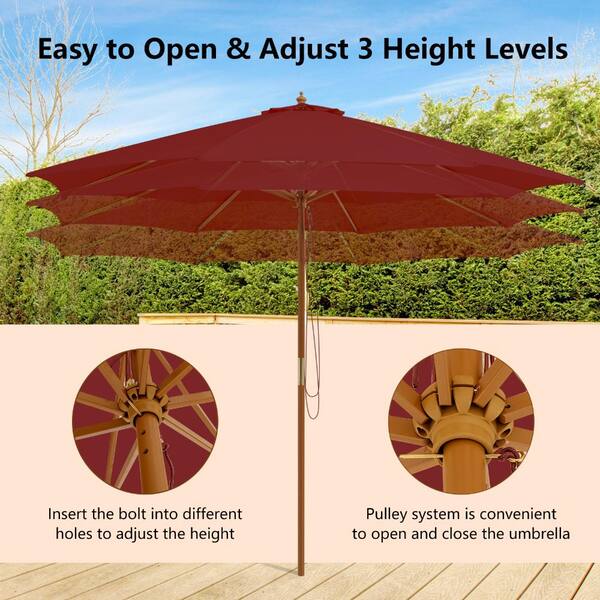10 foot diameter circular wood patio umbrella SKONYON 10 ft Patio Umbrella with 8 Wooden Ribs and Adjustable Height for Outdoor, Wine