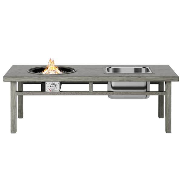 Zeus & Ruta 47 in. 50000 BTU Beige Rectangle Propane Outdoor Fire Pit Table with 3-in-1 Coffee Table for Outdoor Patio