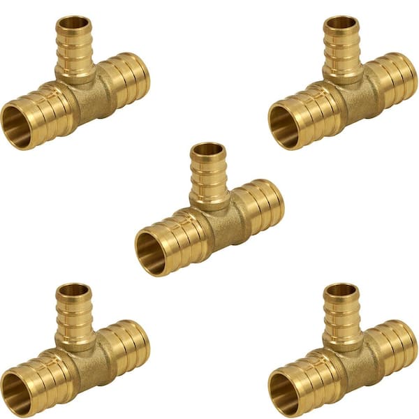 PLUMBFLEX 3/4 in. x 3/4 in. x 1/2 in. Brass PEX Barb Reducing Tee Pipe Fittings (5-Pack)