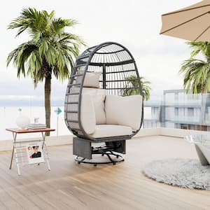38.6 in. Gray Wicker Outdoor Egg Patio Swivel Chair with Rocking Function and Beige Cushion
