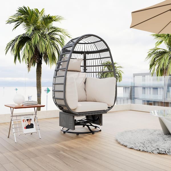 Nestfair 38.6 in. Gray Wicker Outdoor Egg Patio Swivel Chair with Rocking Function and Beige Cushion
