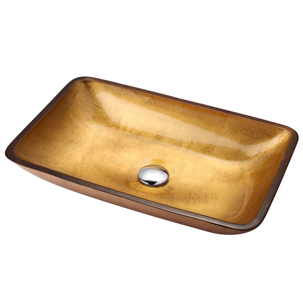 Gold Glass Rectangular Vessel Bathroom Sink, 22 inch