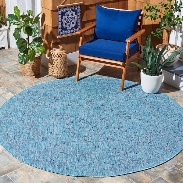 Courtyard Aqua/Navy 7 ft. x 7 ft. Border Floral Scroll Indoor/Outdoor Round Area Rug