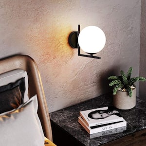 1-Light Black Globe Wall Sconce with Frosted Glass Shade Modern Bath Vanity Light