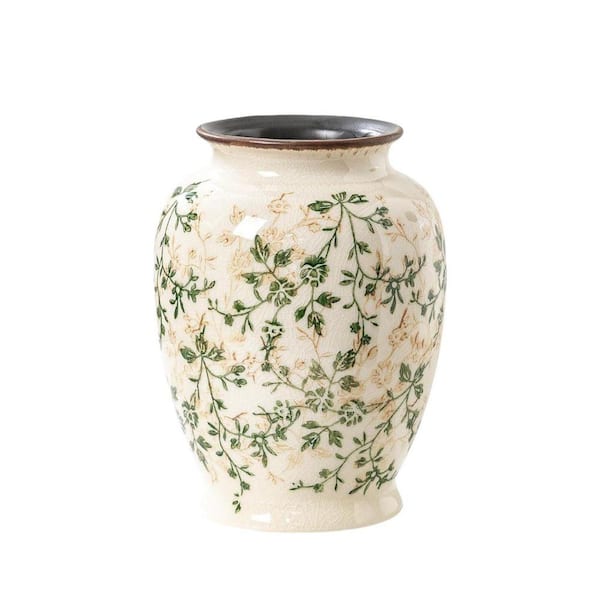 8 in. Green and Beige Porcelain Decorative Vase Vintage Round Ceramic Floral Vases Grand Millennial Decor YC0259