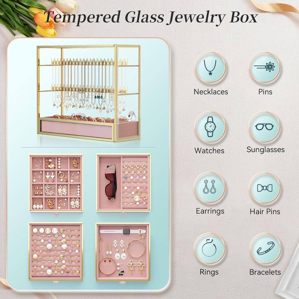 Pink Tempered Glass 5-Drawer Jewelry Organizer Box with Velvet Lining