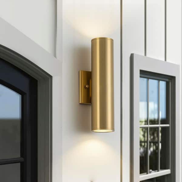 Alexa 2-Light Brass Integrated LED Cylinder Outdoor Wall Sconce
