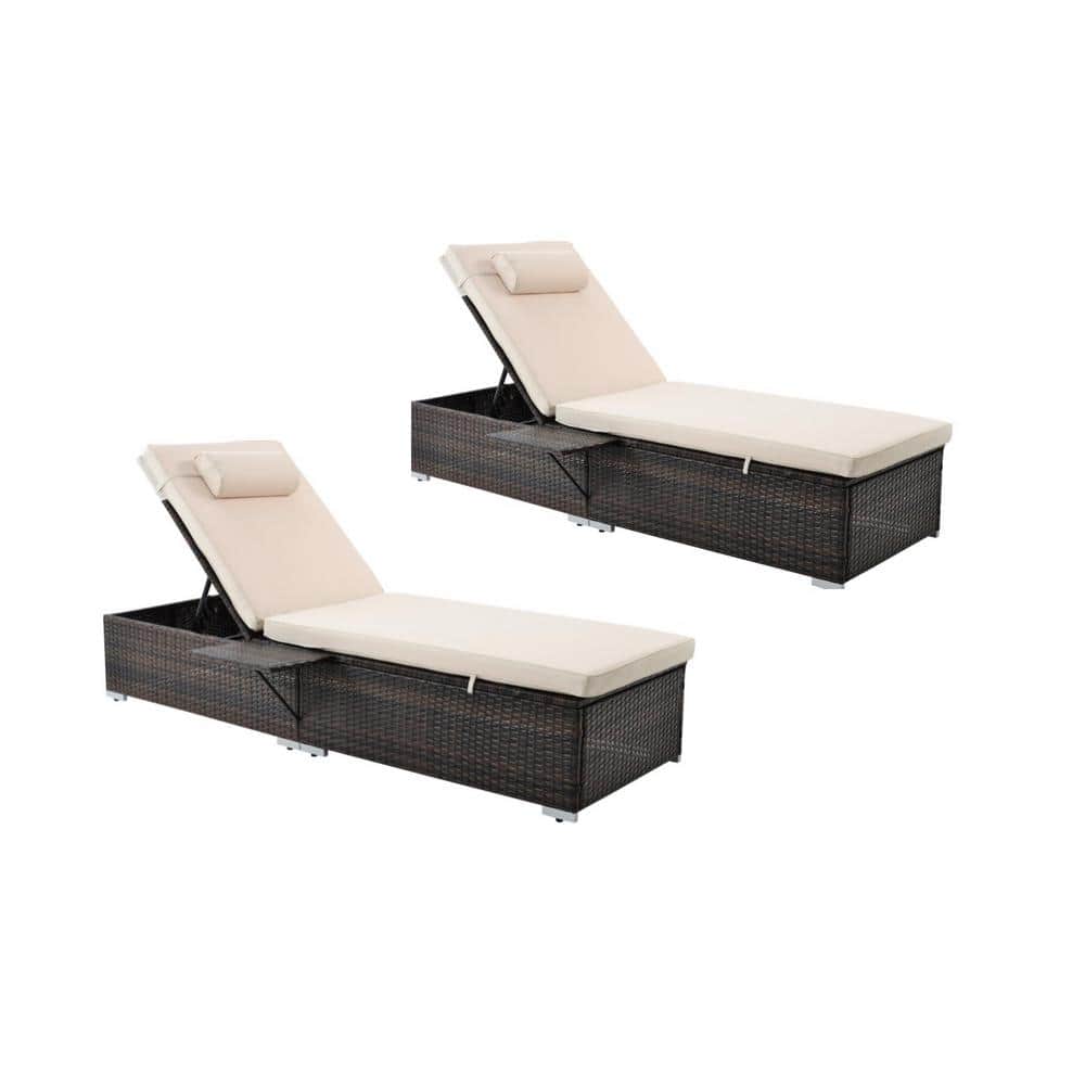 2-Piece Adjustable Backrest PE Rattan Wicker Outdoor Chaise Lounge with Cup