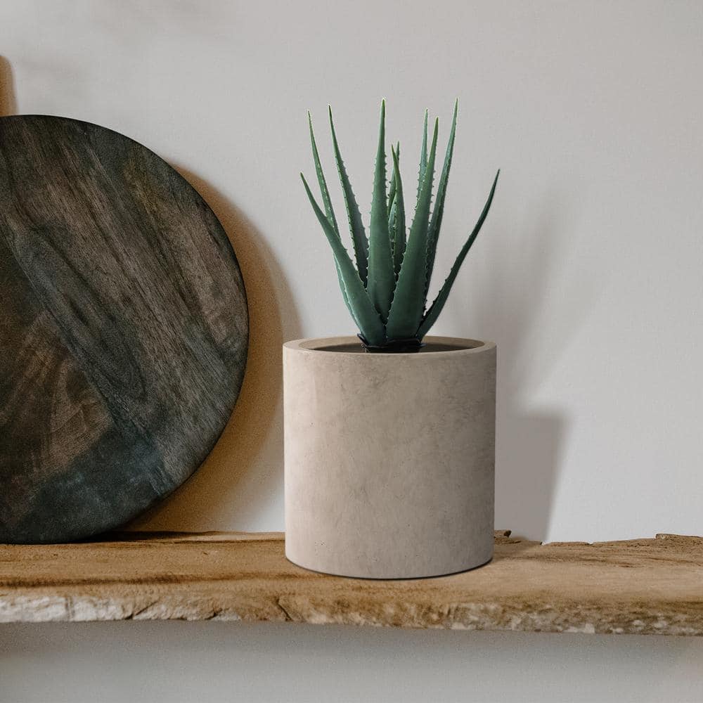12.9" Beige Lightweight Concrete Cylindrical Planter with Drainage Hole