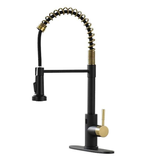 Single-Handle 2-Spray Pull-Down High-Arc Touch Kitchen Faucet with Deck Plate in BlackandGold