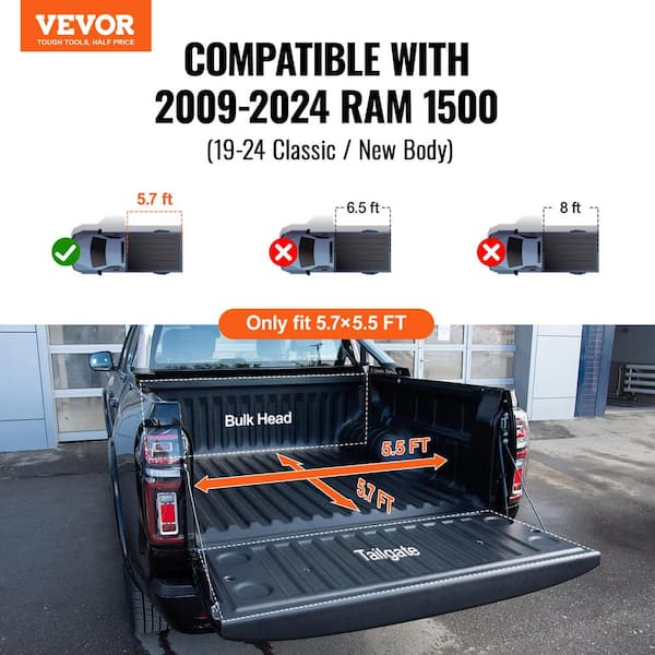 Tri-Fold Truck Bed Tonneau Cover Compatible with 2009-2024 Ram 1500 (19-24 Classic/New Body) Fleetside 5.7 ft. Bed
